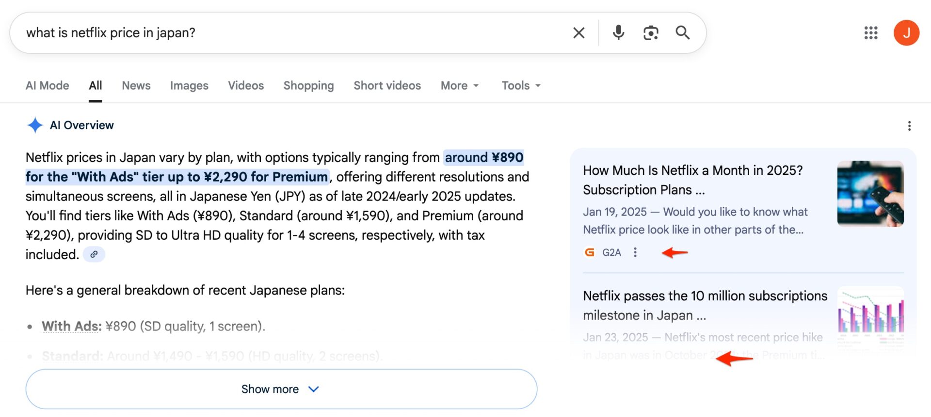How does Google answers when you ask "what is netflix price in Japan?"